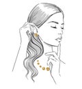 Beauty illustration. Fashion portrait of a woman with hands at her face wearing golden jewellery