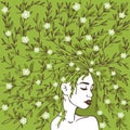 Beauty illustration with girl face and natural hair, trees, leaves and flowers.