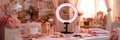 Beauty Influencer Workspace Featuring Makeup Tools, Ring Light, and an Inviting Atmosphere With a Touch of Elegance Royalty Free Stock Photo