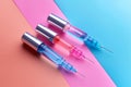 Beauty injection syringes for lip augmentation injection on pastel background. Injections with fillers for lips or wrinkles Royalty Free Stock Photo