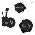 Beauty inscription on various silhouettes. Black and white. Isolated. Vector illustration.