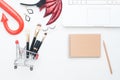 Beauty items in shopping cart with Halloween costume, Laptop computer and notebook with copy space, Online shopping and Halloween Royalty Free Stock Photo