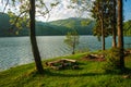 Beauty landscape shore pine trees to mountain lake