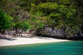 Beauty limestone rock in the ocean and beach with Royalty Free Stock Photo