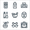 Beauty line icons. linear set. quality vector line set such as make up box, eyeglasses, parfum, face mask, herbal, lip gloss,