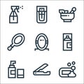 beauty line icons. linear set. quality vector line set such as soap, razor, moisturizer, hair spray, mirror, pocket mirror, herbal