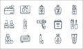 beauty line icons. linear set. quality vector line set such as sunscreen, eye pencil, makeup remover, hand sanitizer, soap, nail Royalty Free Stock Photo