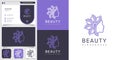 Beauty logo for woman with line art style and business card design template, leaf, woman, beauty, face, line art, Premium Design