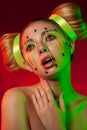 Beauty make up concept on woman wired with neon thread Royalty Free Stock Photo