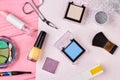 Beauty make up items, top view. Royalty Free Stock Photo