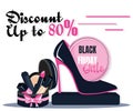 Beauty make up with shoes black friday banner template. Advertising poster design for beauty store, blog, magazine, offers and Royalty Free Stock Photo