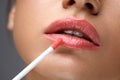 Beauty Makeup. Beautiful Woman Applies Lip Gloss