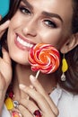 Beauty Makeup. Fashion Female Model With Candy Royalty Free Stock Photo