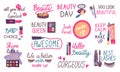 Beauty makeup lettering elements with cosmetics and tools. Female beauty motivational phrases, typography collection