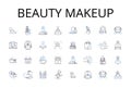 Beauty makeup line icons collection. Bold fashion, Elegant attire, Tasty cuisine, Luxe lifestyle, Cozy comfort, Bright