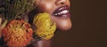 Beauty, makeup and plants with lips of black woman in studio for natural, spa and mockup space. Cosmetics, flowers and