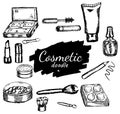 Beauty and makeup, skin care products, cosmetics hand drawn doodle illustration Royalty Free Stock Photo