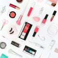 Beauty makeup tools and brushes on white flat lay Royalty Free Stock Photo