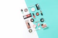 Beauty makeup tools and brushes on white flat lay