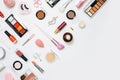 Beauty makeup tools and brushes on white flat lay Royalty Free Stock Photo