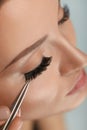 Beauty Makeup. Woman Applying Black False Eyelashes With Tweezer Royalty Free Stock Photo