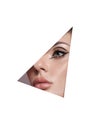 Beauty makeup women, eye brows eyelashes and lips in a triangular hole paper white background. Professional beauty makeup, place