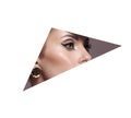 Beauty makeup women, eye brows eyelashes and lips in a triangular hole paper white background. Professional beauty makeup, place