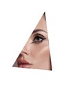 Beauty makeup women, eye brows eyelashes and lips in a triangular hole paper white background. Professional beauty makeup, place