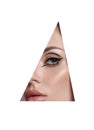 Beauty makeup women, eye brows eyelashes and lips in a triangular hole paper white background. Professional beauty makeup, place