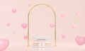 Beauty marble podium placed on a pink heart with golden rainbow. Round geometric platform