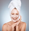 Beauty mask, facial and skincare with woman in studio with happiness for cosmetics, glow and dermatology product on grey