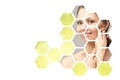 Beauty medical women face. Anti wrinkles concept honeycomb. Health girl therapy. Human renewal portrait