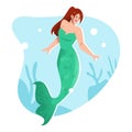 beauty mermaid in the sea. cartoon flat vector illustration.