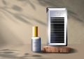 Beauty mockup. False eyelashes and a bottle of glue. Wooden exhibition podium. Leaf shadow. 3D rendering