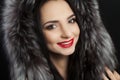 Beauty is a model girl in a black fur coat. Beautiful winter luxury woman. Photographed photo. Professional makeup. Red lips. Youn Royalty Free Stock Photo