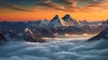 The beauty of Mount Everest clear sky and clouds sunrise soaring mountains beautiful sea of clouds. Royalty Free Stock Photo