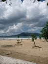 the beauty of Mustika Banyuwangi beach with views of the green hills