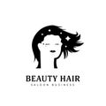 Beauty natural hair dresser saloon logo icon symbol with calm long hair woman silhouette