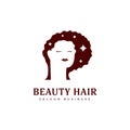 Beauty natural hair dresser saloon logo icon symbol with calm woman silhouette curly afro hair