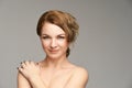 Beauty natural portrait with hand. Cosmetology skin care. Young female Royalty Free Stock Photo