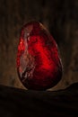 Beauty of natural raw amber. A piece of dark red semi transparent natural amber on piece of stoned wood. Royalty Free Stock Photo