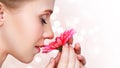 Beauty natural young girl with flower pink gerbera Royalty Free Stock Photo