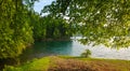 Beauty nature landscape shore trees to mountain lake