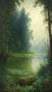The Beauty of Nature: A Painting of a Lake Surrounded by Trees and a Subtle Fog