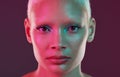 Beauty, neon face and portrait of woman with makeup and lights for creative advertising on studio background. Cyberpunk