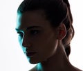 Beauty, neon and light with face of woman in studio for creative, glow and lighting mockup space. Fantasy, shadow and