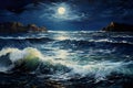 beauty of the night with this thick paint painting, a captivating depiction of beach waves