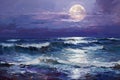 beauty of the night with this thick paint painting, a captivating depiction of beach waves