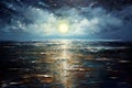 beauty of the night with this thick paint painting, a captivating depiction of beach waves