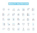 Beauty nutrition linear icons set. Collagen, Antioxidants, Hydration, Supple, Radiant, Nourishment, Vitamins line vector